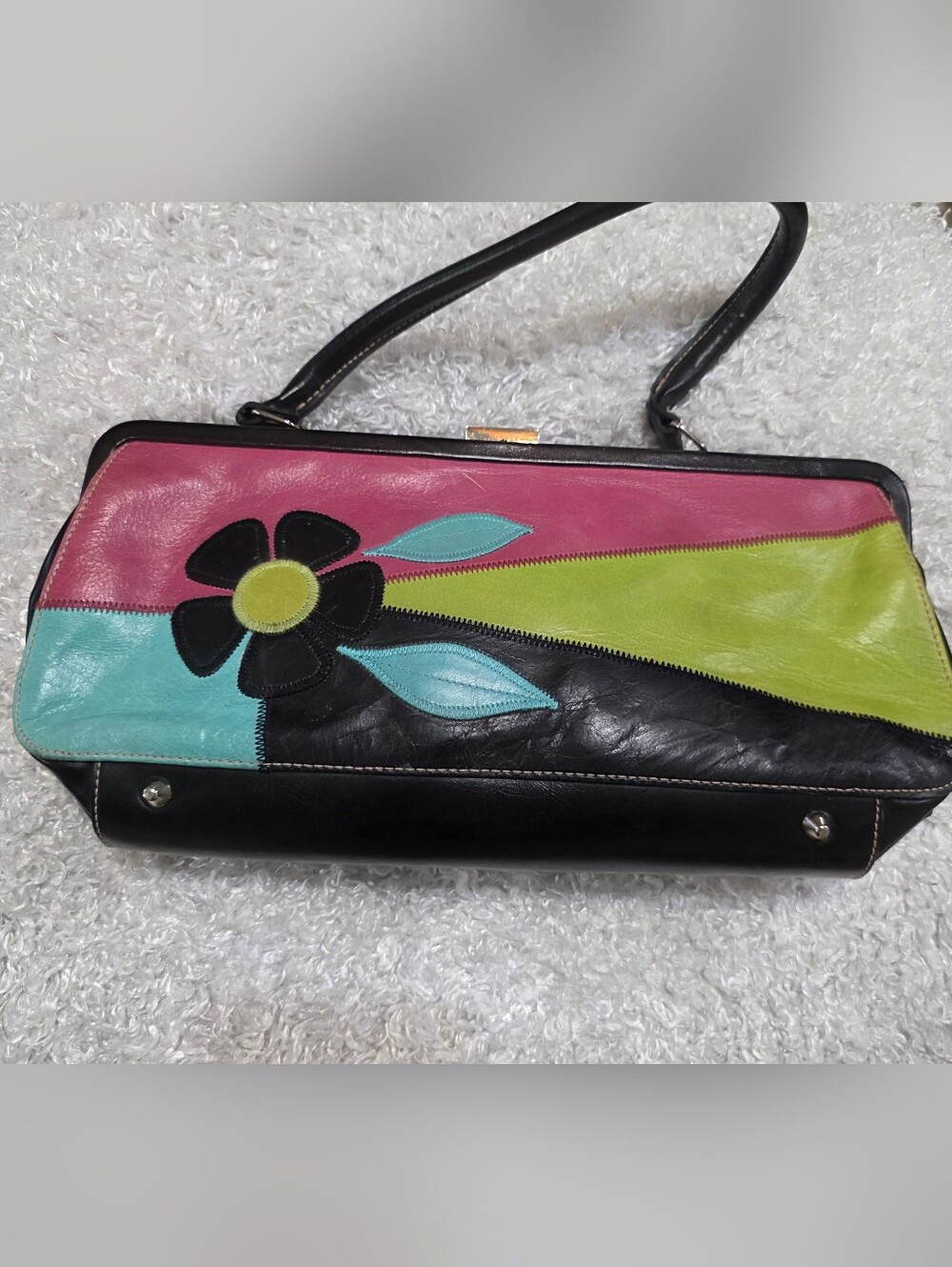 Colorblock Floral Leather Shoulder Bag - Black, Pink & Lime